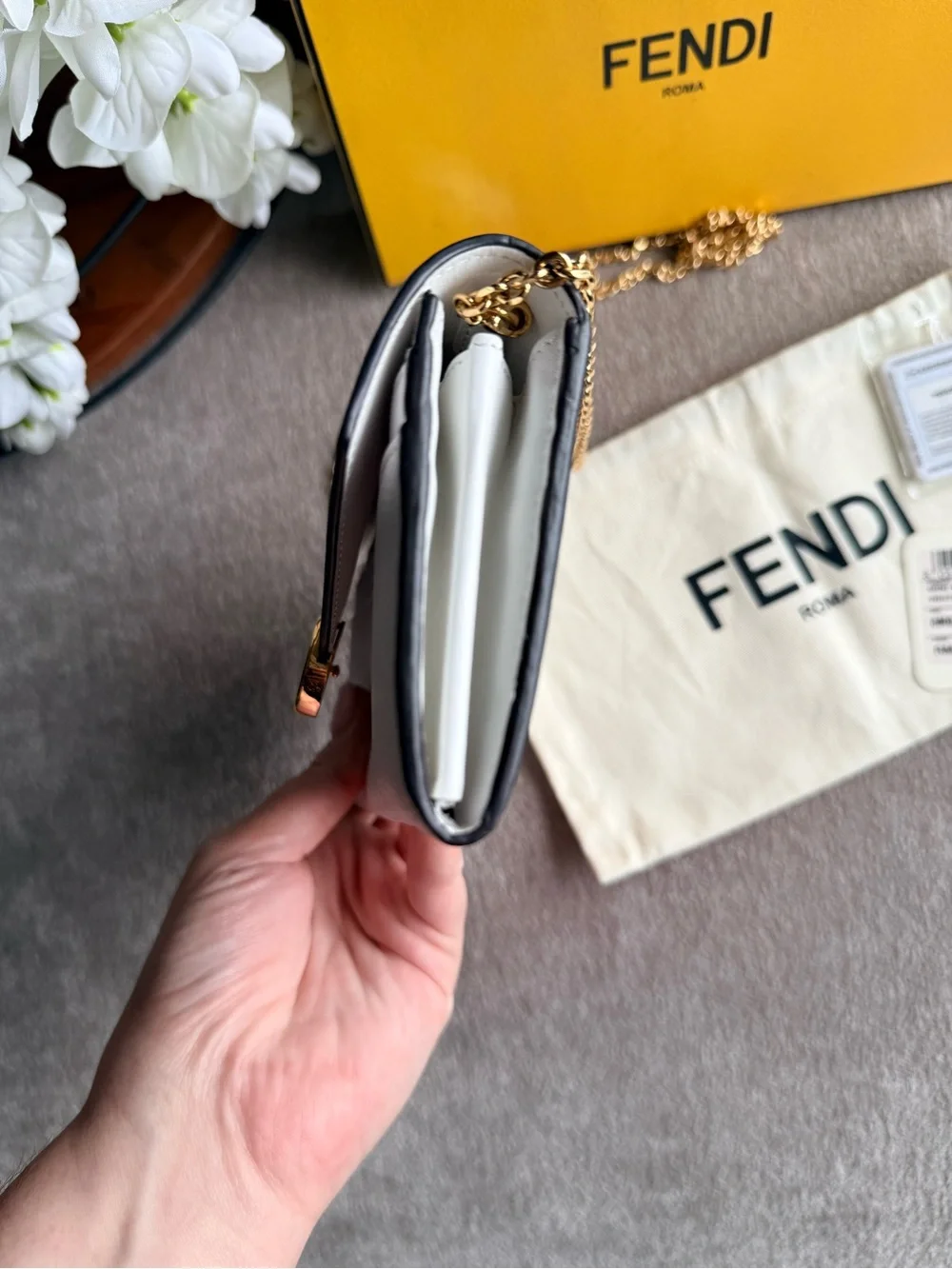 Fendi Pure White Fendi First F Chain Wallet - Signature Gold Hardware Like New!